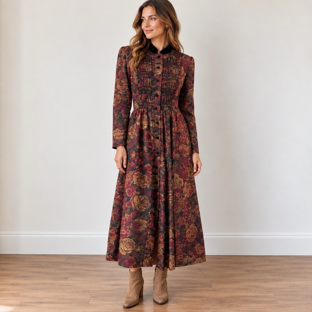 Vintage Midi Floral Dress Size 12 Pintuck Button Front Cottagecore Prairie Boho